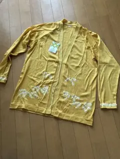 K.レディース　ナイロン100%日本製ボタンレスカーディガン絞り風長袖　黄色　L