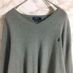 【ピマコットン】ポロラルフローレン　ワンポイント刺繍　Ｖネックニット　灰色２ＸＬのサムネイル