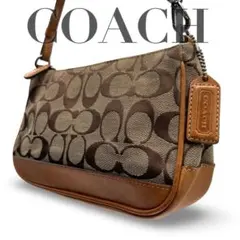 【良品】コーチ ハンドバッグ アクセサリーポーチ ショルダー ブラウンキャンバス