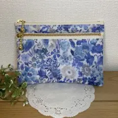 青薔薇×ダンガリー無地 ダブルファスナーポーチ マスクケース 通帳入れ