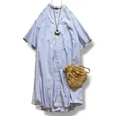 美品◆ミズイロインド シャツワンピース ストライプ バックギャザー ゆったり