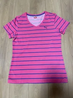 PUMA プーマ レディース ボーダー 半袖Tシャツ Vネック ピンク Lのサムネイル