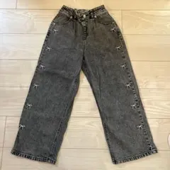 キッズ リボン刺繍 デニムパンツ ブラックのサムネイル