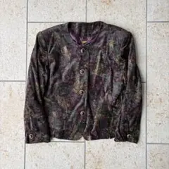 ノーカラージャケット 11号 ベロア風 パープル 古着 レトロ 個性的