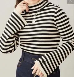 chico 袖刺繍ハイネックリブニット　ボーダー ブラック