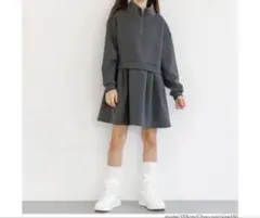 グレー フード付き長袖ワンピース