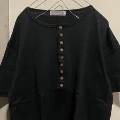 90s alarome 日本製 ヘンリーネック Tシャツ 黒 M ウッドボタン