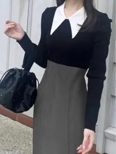 GRL 襟付きニット 黒 白襟 トップス M パフスリーブ