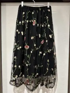 花柄 レース 刺繍 ロング スカート ブラック アース　earth