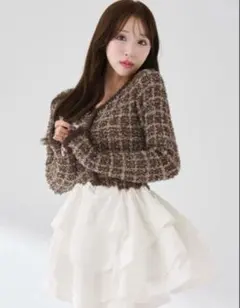 darich ボリュームフリルツイードニットミニワンピース