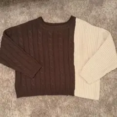ブラウン/アイボリー ケーブルニット セーター