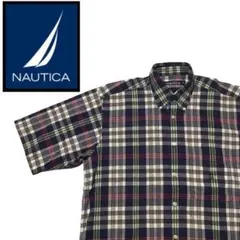 NAUTICA ノーティカ 半袖 チェック柄 BDシャツ ネイビー M 胸ポケ