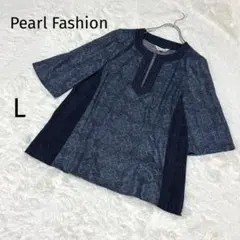 パールファッション　【L】チュニック ネイビー 総柄 五分袖　デニム　トップス