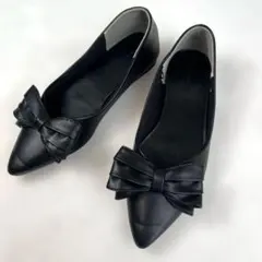 GLOBAL WORK リボン ポインテッドトゥパンプス ブラック Lサイズ