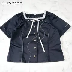 t.b センソユニコ　トップス　ブラウス　ネイビー　刺繍　リボン　フリル　38のサムネイル