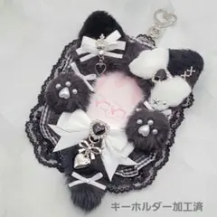 チェックレース 黒猫 白リボン 硬質カードケース レースデコ B8 縦入れ