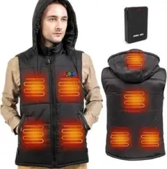 ヒーターベスト サイズ調整可能 バッテリー付 フード付 電熱ウエア 防寒 黒