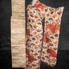 R8SK214 振袖＋帯 2点セット 菱形 花唐草 スーパー鈴ガード 松 六通柄