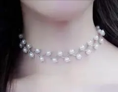 【新品】フェイクパールビーズ ワイヤーチョーカー ネックレス 30cm 調整可能