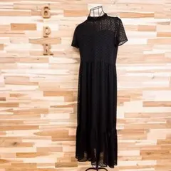 【ザラ】透け感シアー ベロア ドット 裾フレア切り替え ロング ワンピース S黒