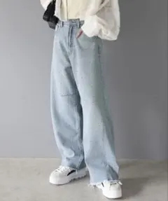 mily bilet ラインストーン付きワイドデニムパンツ