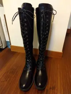 週末特価　完売商品　ユニセックス　レースアップニーハイブーツ黒　26