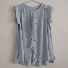 フリル付きノースリーブシャツ ライトブルー 日本製