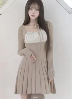 【ダーリッチ】ネックリボンデザインフレアニットミニワンピース