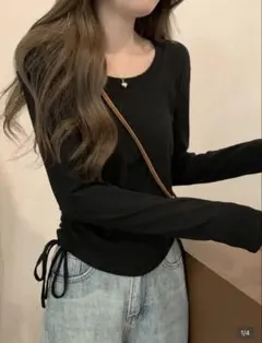 SHEIN サイドリボン付きブラック長袖Tシャツ XS