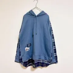 XUERUAI パーカー ブルー チェック レイヤード 薄手 カジュアル 春 秋