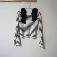 ストライプ柄長袖トップス 黒リボン付き