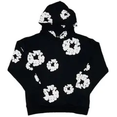 デニムティアーズ フラワー プルオーバーパーカー ブラック/ホワイト XL