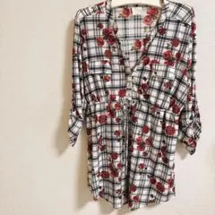 チェック花柄五分袖チュニック