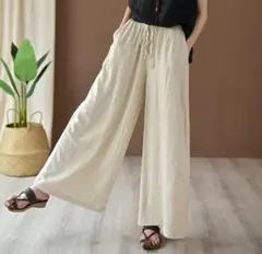 Mサイズ，綿麻混紡 ベージュ ワイドパンツ