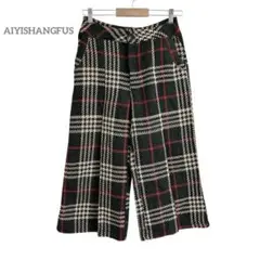 AIYISHANGFUS チェック柄 ワイドパンツ ニット レディース M 秋冬