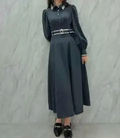 ダズリン バイカラーラインシャツワンピース ネイビー ベルト付き