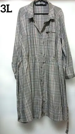 チェック柄 長袖シャツワンピースブラウン茶色サイズ3L
