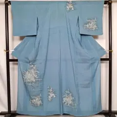 A 単衣 やまと誂製 作家物 ポピーの花 薄青色 紬 正絹 付下げ 着物 52 A 単衣 やまと誂製 作家物 ポピーの花 薄青色 紬 正絹 付下げ 着物 52