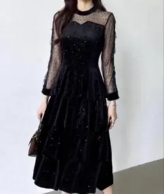 ティアードベロアワンピース パーティドレス 黒 キラキラ オケージョンドレス
