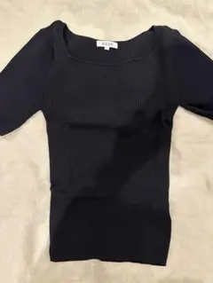 PLST スクエアネック リブ編み ブラック 五分袖 トップス S