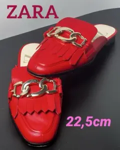 ZARA ビッグチェーン フリンジ ミュール ローファー 赤 22.5cm