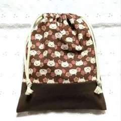 ハンドメイド、猫ちゃん、花柄の給食袋、巾着袋、コップ入れ、茶色