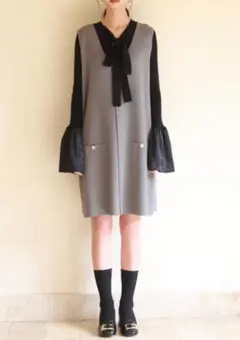 【セゾンドパピヨン 】ニット ワンピース ノースリーブ レイヤード 金ボタンつき