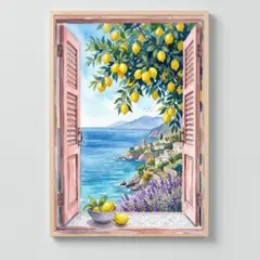 A4　地中海の窓辺とレモン 水彩画風 高画質プリント 海の風景　インテリアアート