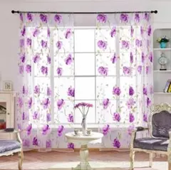 花柄レースカーテン パープル 透け感 上品 可憐 UVカット 目隠し おしゃれ