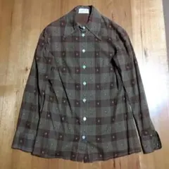 昭和レトロ 総柄シャツ 長袖 ブラウン チェック柄 ヴィンテージ