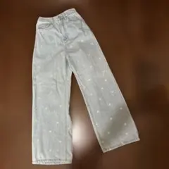 花柄刺繍 ライトブルーデニム ワイドレッグパンツ