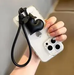 ストラップ スマホ 落下防止 ハンドストラップ ハート リボン ブラック