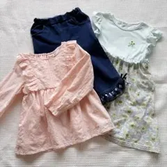 スラップスリップ☆夏服3点 フリルトップス&花柄ワンピース&デニムボトムス