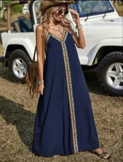 ネイビーブルー キャミソール マキシワンピース